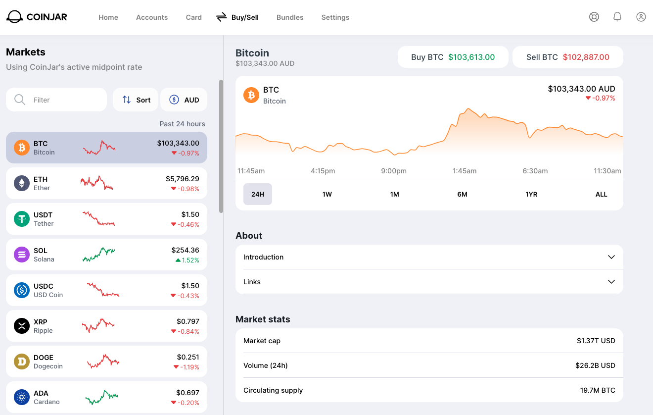 CoinJar markets interface