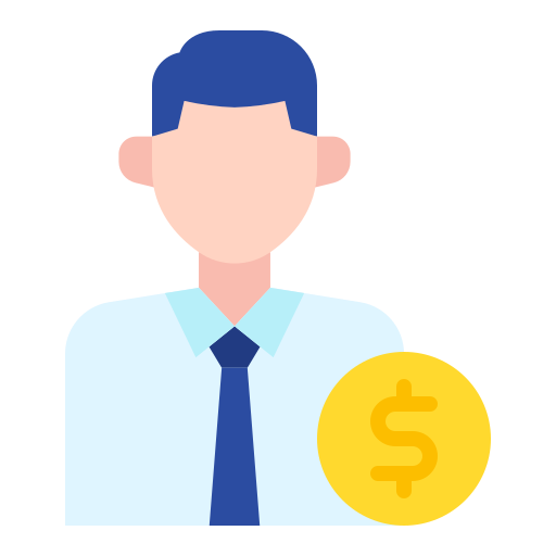 Icon image of a man in a tie, with a gold coin in front of him