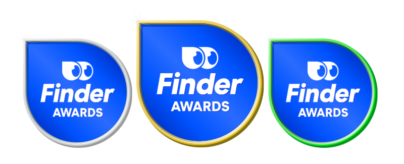 Three blue Finder Awards badges with silver, gold and green trim